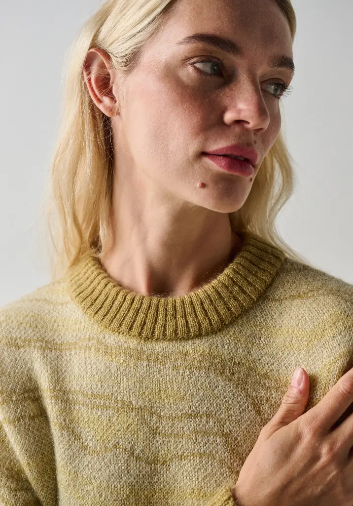 Pull femme col rond jacquard en mohair et soie manches longues