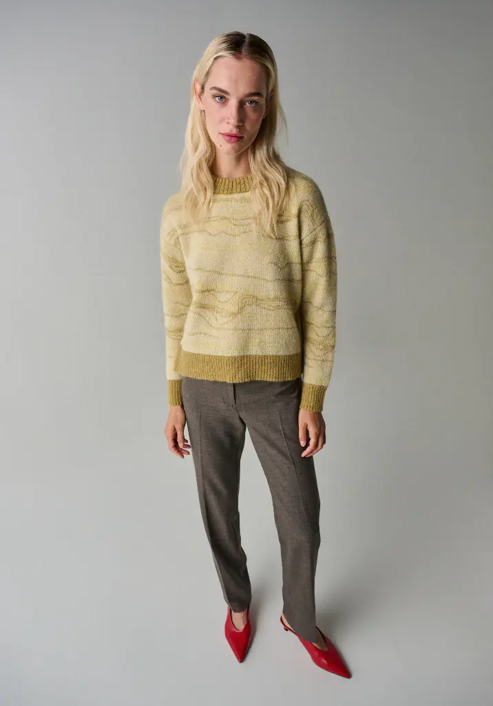 Pull femme col rond jacquard en mohair et soie coupe droite