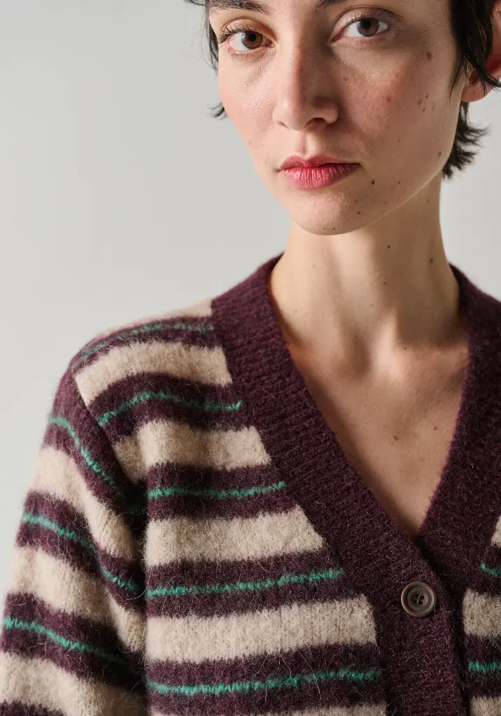 Cardigan femme en laine et alpaga rayé encolure V