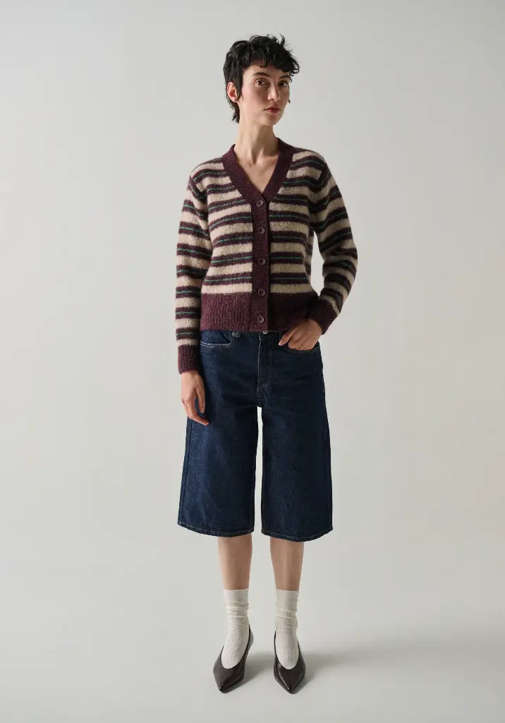 Cardigan femme en laine et alpaga rayé fermeture 5 boutons