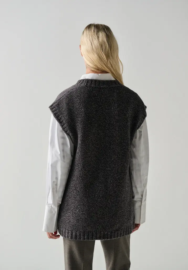 Gilet long sans manches laine et yack femme chiné bleu