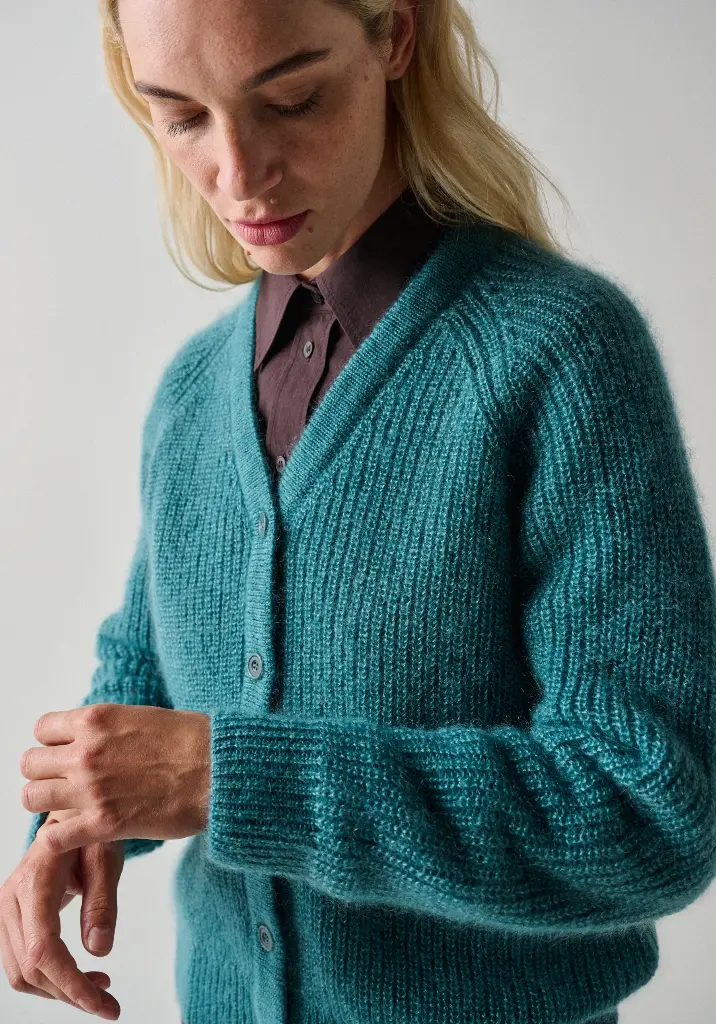 Cardigan en mohair et soie femme encolure en V