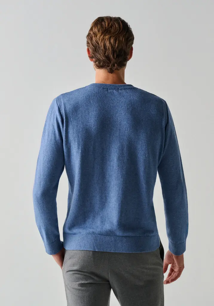 Pull homme col V en laine et cachemire couleur denim