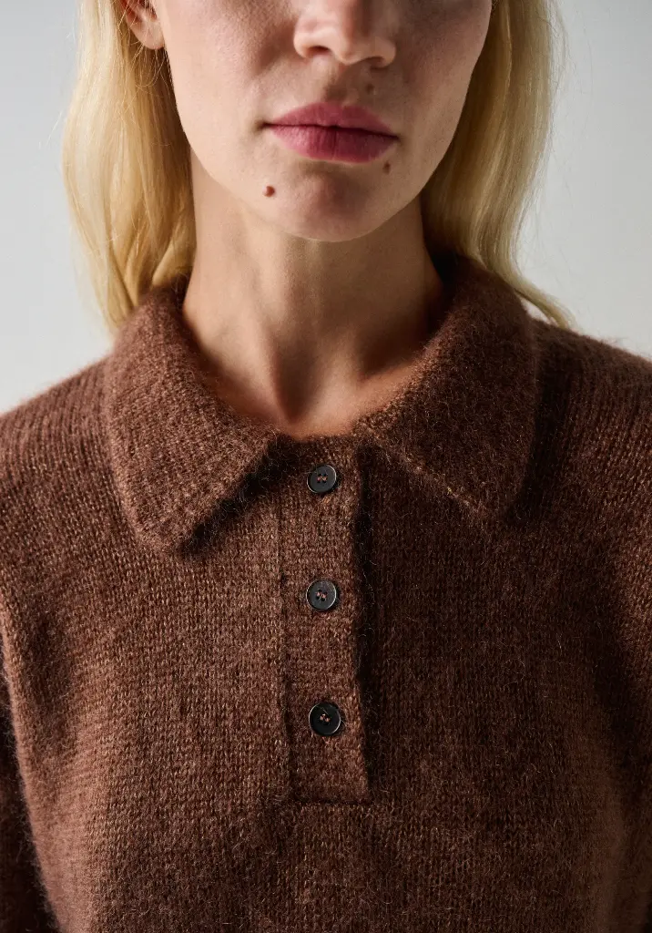 Pull femme mohair et soie col polo fermeture 3 boutons