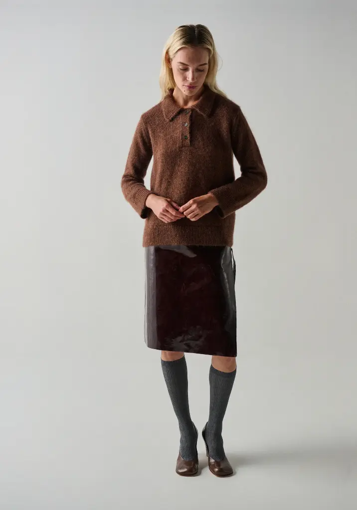 Pull femme mohair et soie col polo manches longues