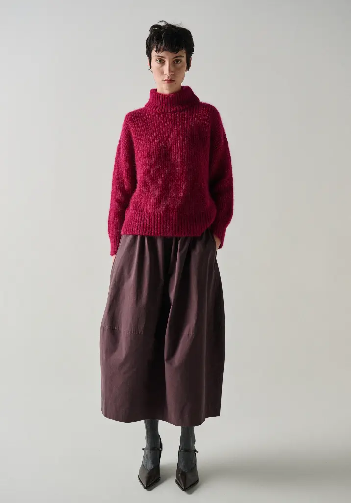 Pull femme col montant en mohair et soie manches longues