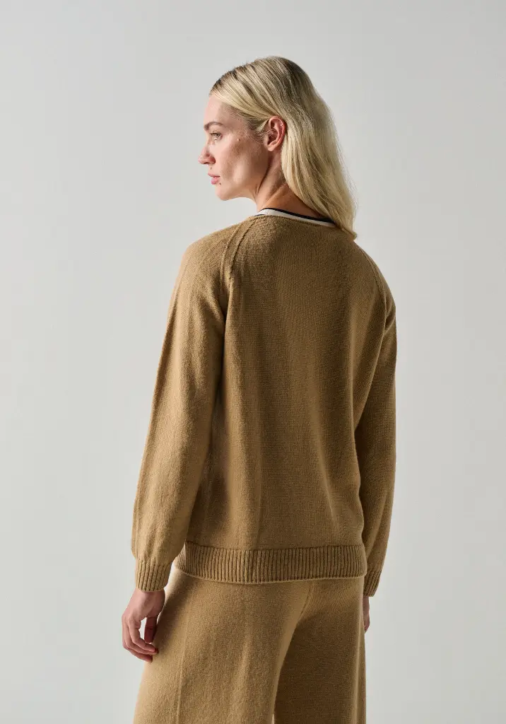 Pull femme col V en mérinos et alpaga couleur beige