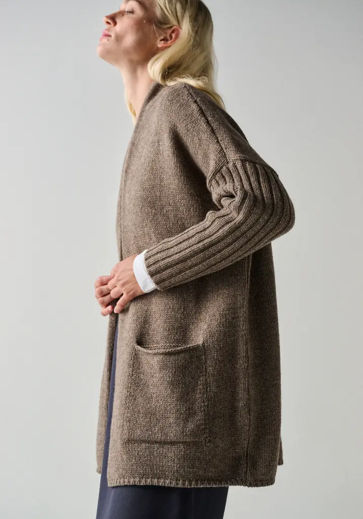 Gilet long femme en yack et laine manches en côtes