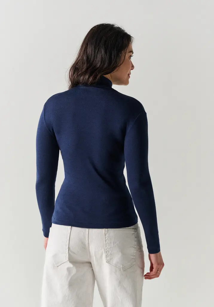 Sous pull femme col roulé mérinos et soie couleur bleu marine