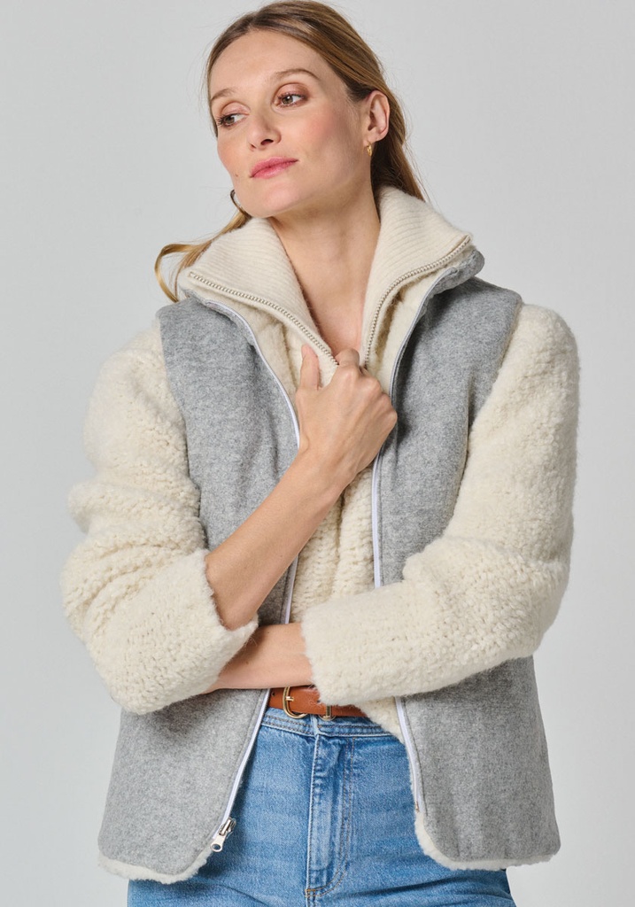 Gilet femme laine naturelle réversible écru et gris sans manches
