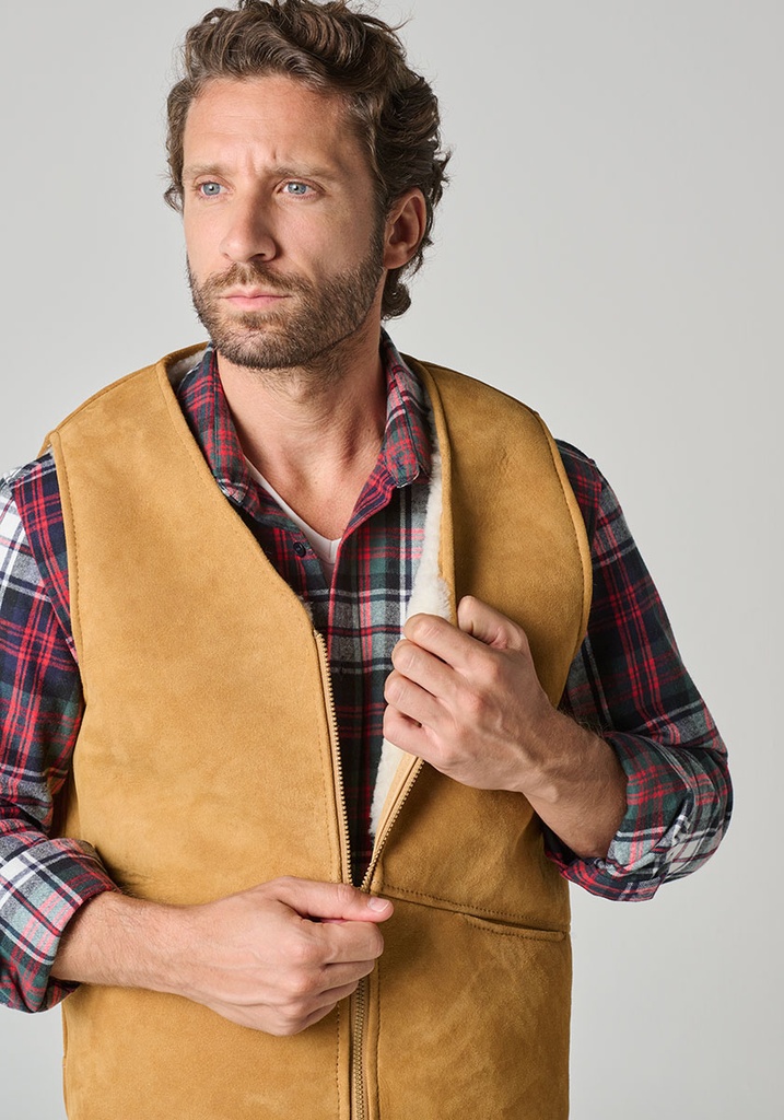 Gilet homme en peau lainée sans manches avec fermeture par zip couleur naturel