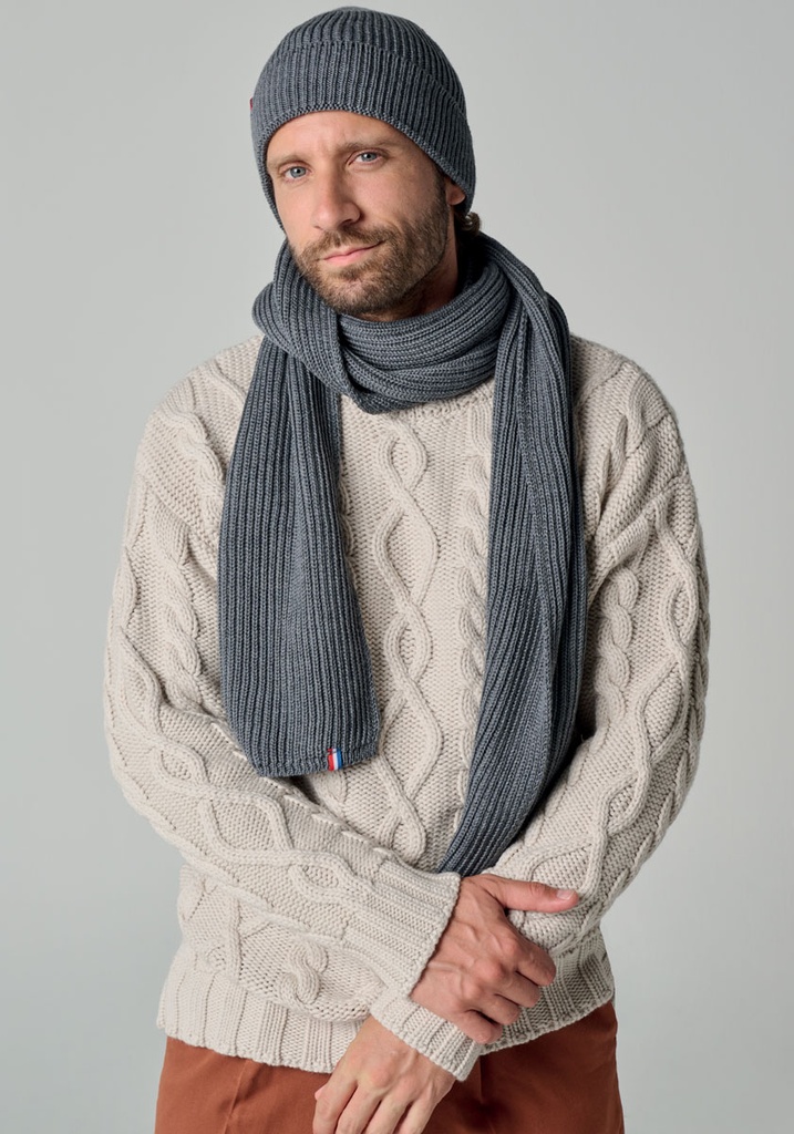 Parure  bonnet écharpe laine mérinos pour homme couleur gris