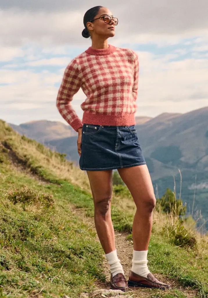 Pull col rond à carreaux pour femme