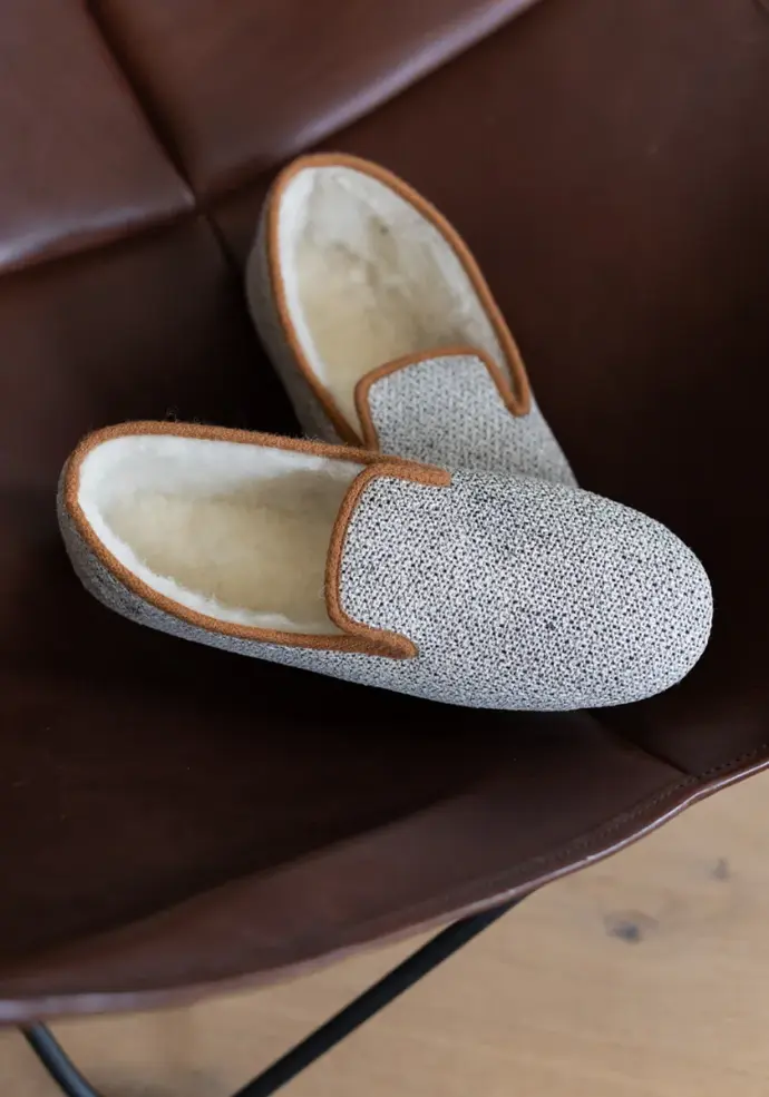 Chaussons charentaises mixtes en lin fourrés laine