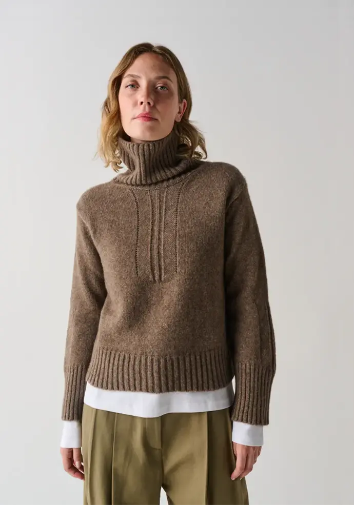 Pull femme col montant laine et duvet de yack