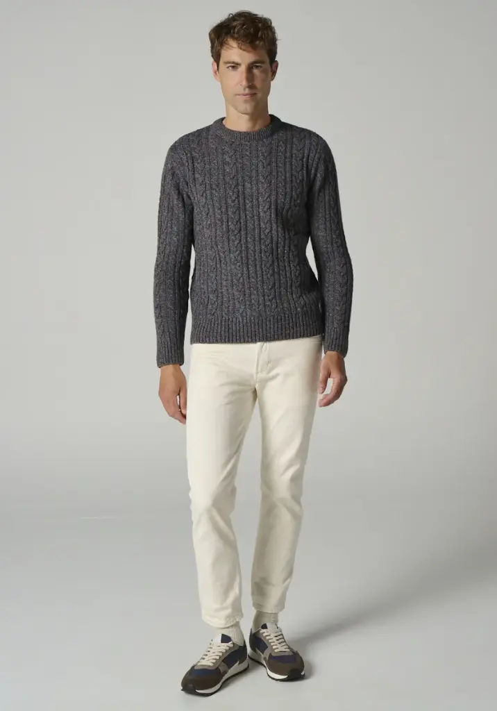 Pull homme col rond en laine avec torsades