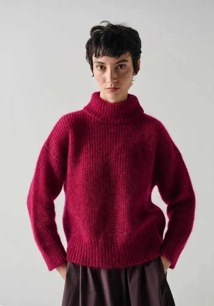 Pull femme col montant en mohair et soie