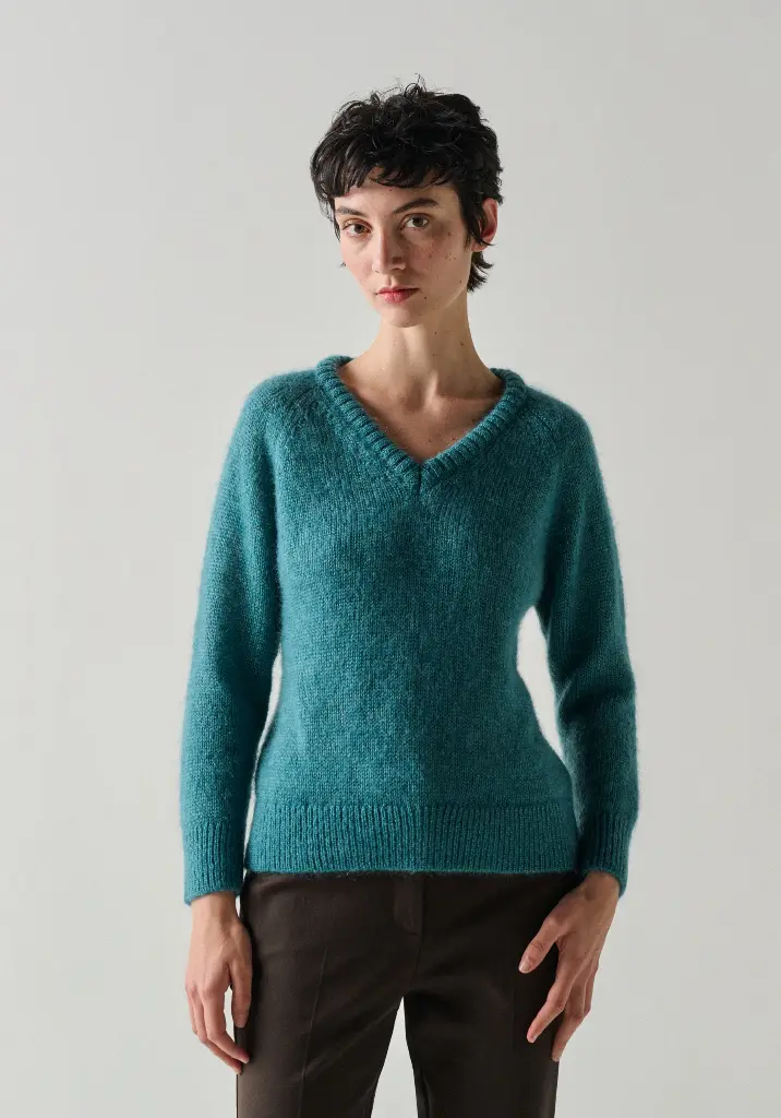 Pull col V femme en mohair de chevreau et soie