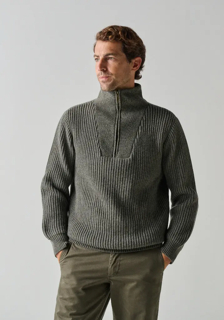 Pull homme en laine col camionneur kaki